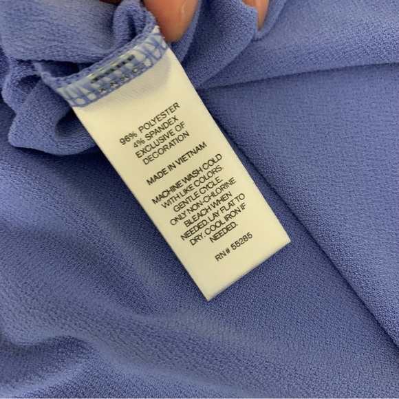 EXPRESS Blue/Periwinkle Short Sleeve Top with Bubble Hem & Crochet sleeve - Picture 8 of 11